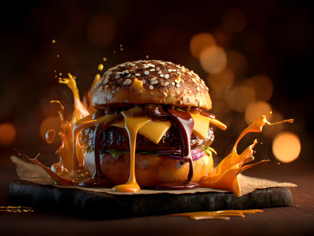 This vibrant image showcases a juicy hamburger with melting cheese and a rich sauce, capturing the essence of comfort food and culinary delight.の素材