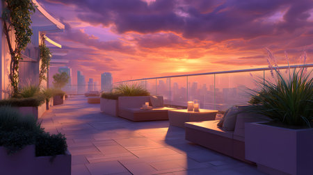 A peaceful rooftop garden showcases modern seating and beautiful plants, framed by a stunning sunset over the urban skyline. An ideal relaxation spot.の素材