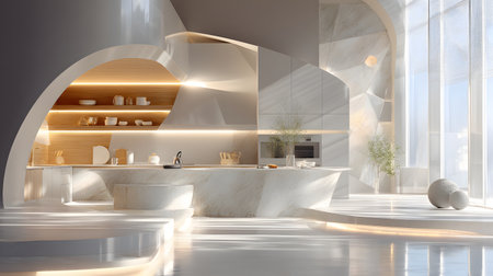 This modern kitchen design features elegant marble surfaces, natural light, and minimalistic decor, creating an inviting and stylish atmosphere for cooking and dining.の素材