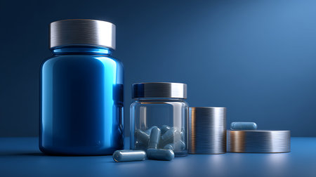 A visually striking composition of blue glass bottles and capsules. Set against a blue background, this image emphasizes health and wellness themes, ideal for promoting nutritional supplements or pharmaceuticals.の素材