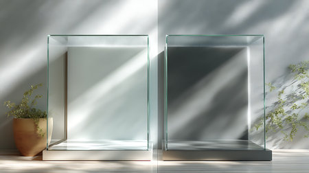 Two minimalist glass display cases set against a softly lit wall, highlighting the elegance of design and simplicity in interior decor. Ideal for showcasing items.の素材
