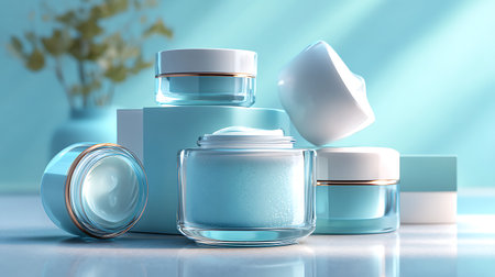 A beautifully styled collection of cosmetic cream jars in soft blue tones, showcasing elegance and modern design. Ideal for beauty and skincare themes.の素材