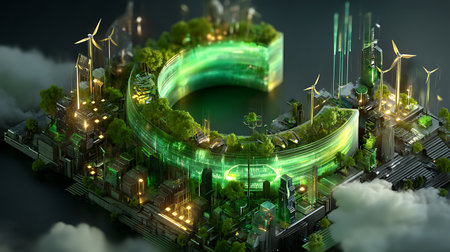Explore a vibrant eco-friendly futuristic city with lush greenery, towering wind turbines, and innovative technology, showcasing the harmony of nature and urban life.の素材