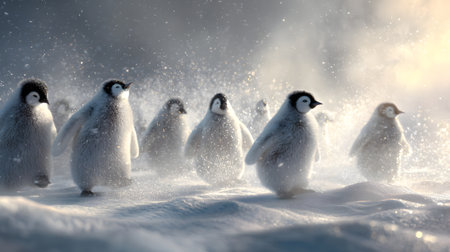 A charming scene of baby penguins walking through a snowy landscape at dawn. The fluffy creatures navigate the icy terrain together, evoking a sense of innocence and wonder.の素材
