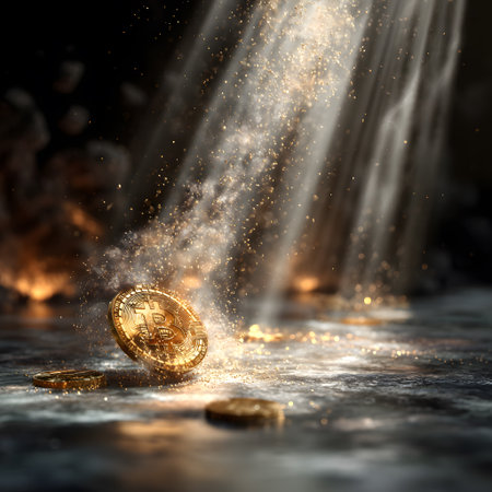Captivating image of golden Bitcoin coins amidst a sparkling light effect, emphasizing the allure and potential of cryptocurrency in the financial landscape.の素材