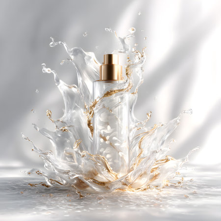 A stunning glass bottle emerges from a splashing water effect, reflecting light beautifully. Perfect for beauty and cosmetics imagery, capturing elegance and freshness.の素材