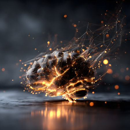 This stunning digital visualization showcases a brain illuminated with glowing connections and nodes, symbolizing intelligence, innovation, and creativity in modern technology.の素材
