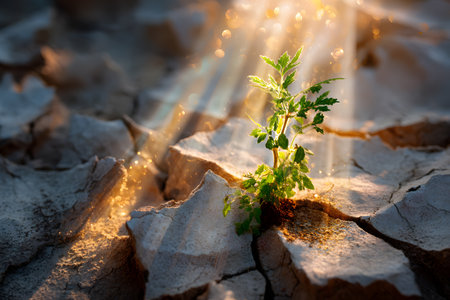 A vibrant green plant sprouts from cracked dry soil, illuminated by soft sunlight rays. This image symbolizes resilience and hope in challenging environments.の素材