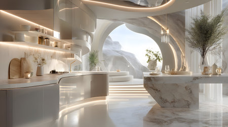 A stunning modern kitchen featuring minimalist design, natural light, and elegant decor. The space combines luxurious materials with a serene ambiance, perfect for gatherings.の素材