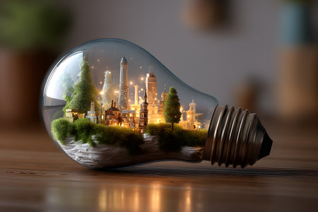 Creative light bulb showcases a miniature cityscape intertwined with nature, bringing together urban elements and greenery in a unique and artistic way.の素材