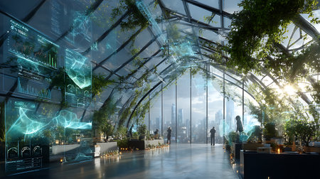 A stunning futuristic indoor garden merges greenery with modern technology, providing a serene atmosphere. Tall glass walls showcase a vibrant city skyline bathed in natural light.の素材