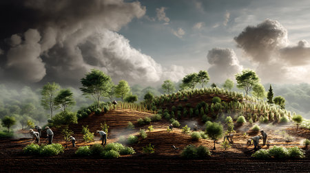 A serene landscape depicting agricultural workers cultivating crops. The lush greenery and rolling hills create a vibrant atmosphere. The teamwork showcases the connection between humans and nature, highlighting sustainable practices.の素材