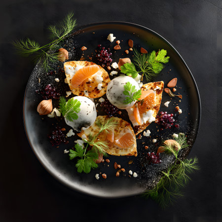 A beautifully arranged gourmet dish featuring salmon, cream, and fresh herbs on a black plate, garnished with nuts, offering an elegant dining experience.の素材