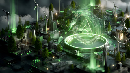 A stunning digital illustration of a futuristic cityscape showcasing green energy solutions. The scene features a blend of urban architecture and lush greenery, highlighting innovation and sustainability.の素材
