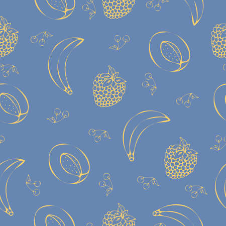 Fruits Seamless Pattern Apricot Banana Raspberry Cherry on Blue Backgroundのイラスト素材