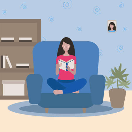 Reading girl sitting on the sofa studying at home. Vector illustration.のイラスト素材