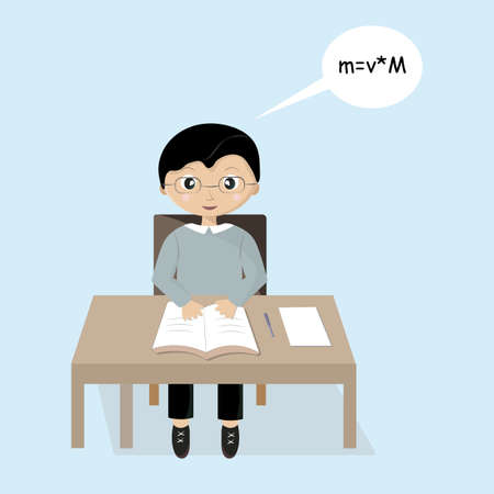 Cartoon little boy studying. Sitting at the table. Vector Illusdtrationのイラスト素材