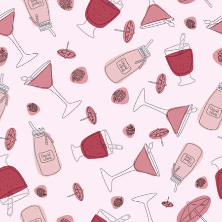 Seamless vector pattern with cocktail, glass,fruits on the pink background.のイラスト素材