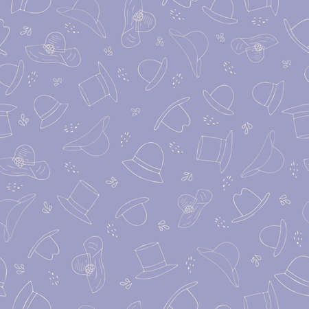 Seamless Pattern with Vintage Top Hats on purple background. Doodle pattern.のイラスト素材