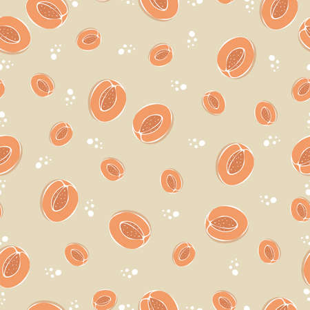 Vector Peaches fruit seamless pattern on isolated beige brown background.のイラスト素材