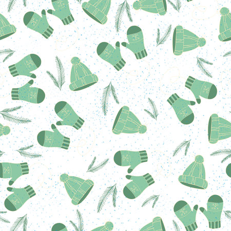 Vector hat mittens christmas tree branch on a white background seamless pattern.のイラスト素材