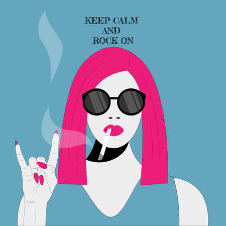 Cartoon illustration smoking girl holding rock and roll signのイラスト素材