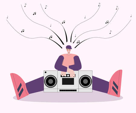 A young guy sits with his hands on the tape recorderのイラスト素材