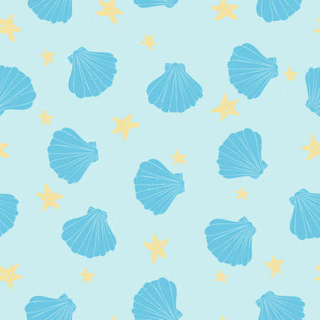 Sea shells vector seamless pattern with starfish on a blue backgroundのイラスト素材