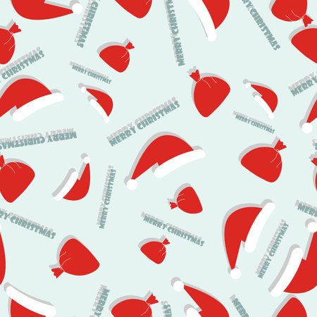 Christmas Seamless Pattern Happy Winter Holiday Wallpaper with sack of Santa and Santas hat.Vector illustrationのイラスト素材