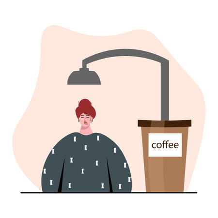 Concept vector illustration a girl stands under a coffee shower to gain vigor.のイラスト素材