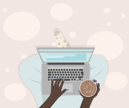Woman using online apps set. Woman sitting at the floor with laptop and cup of coffee and working online. Modern vector illustration.のイラスト素材