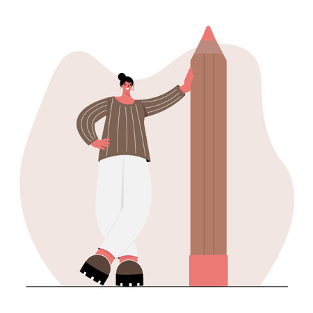 A beautiful woman artist stands next to a huge pencil. creative vector illustrationのイラスト素材