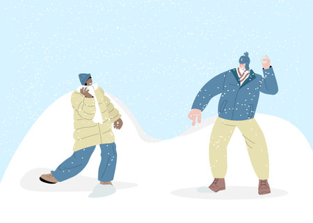 Couple people play snowballs fun game in winter snow landscape vector illustration. Cartoon friend characters playing outdoors, enjoying frost cold weather. Winter healthy activity concept.のイラスト素材