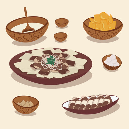 Vector set of national kazakh cuisine, dishes. Beshbarmak, baursak and qurt, kumis and irimshik.のイラスト素材