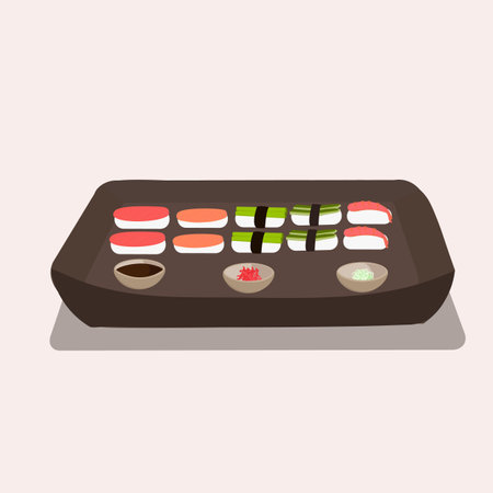 Japanese national sushi cuisine with soy sauce ginger and seasoning with chopsticksのイラスト素材