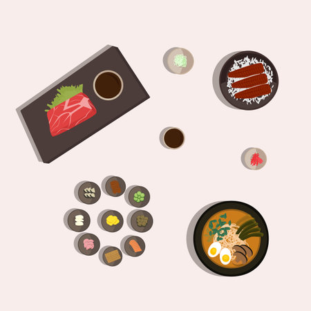 Japanese national cuisine, eel in unagi sauce, kobe steak and tsukemono, miso soup. Vector illustration.のイラスト素材