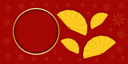 Happy Chinese New Year banner with fireworks and fan on red color background.のイラスト素材