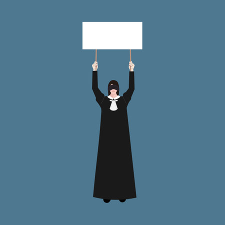 A blindfolded woman holds a banner in her hands. A woman fights for her rightsのイラスト素材