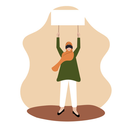 Woman wearing hijab protests with banner. Vector illustration A woman is fighting for her rights.のイラスト素材