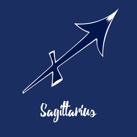Hand drawn Zodiak signs. Blue sagittarius zodiac icons on a blue background. Astrological symbols of the zodiac.のイラスト素材