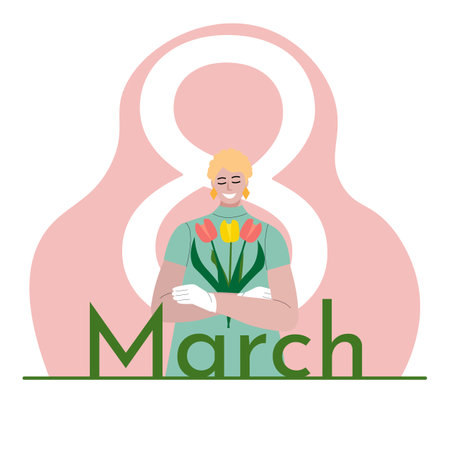 International Womens Day. Vector illustration of happy smiling blonde hair woman standing with flowers, tulips.のイラスト素材
