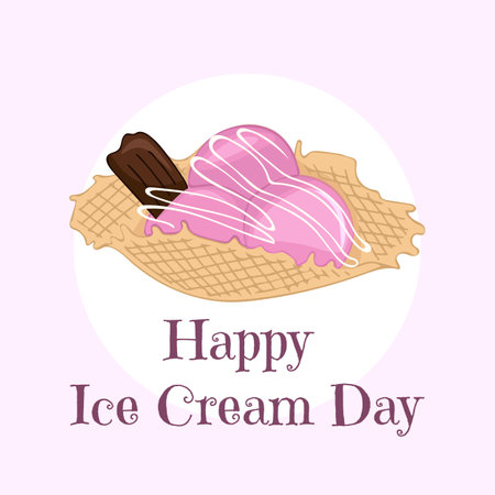 A hand-drawn, windy illustration of fruit ice cream in a waffle cone. Happy National Ice Cream Day card.のイラスト素材