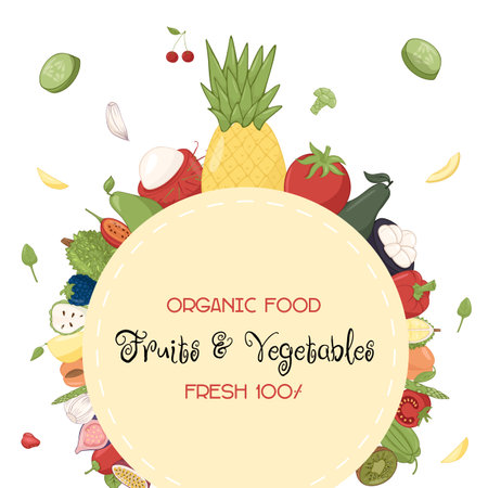 Healthy food frame vector illustration. Hand drawn Vegetables and fruits . Organic food banner. Good nutrition.のイラスト素材