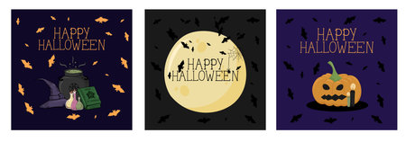 set of posters of happy halloween with icons vector illustration designのイラスト素材