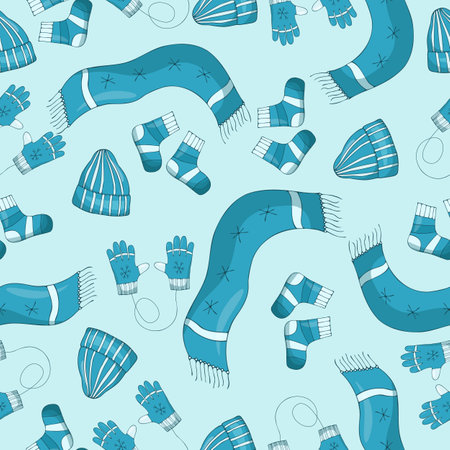 Seamless pattern with winter clothes, scarfs, hats, gloves and mittens and socks wirt snowflakes on a blue background.のイラスト素材