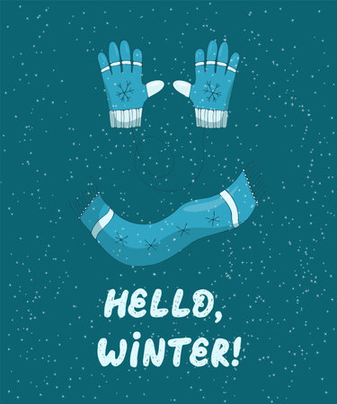 Hand drawn illustration with winter gloves and scarf saying hello,Winter. Vector illustration for postcards,posters etcのイラスト素材