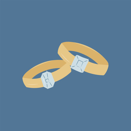 Two gold wedding rings with blue stones on a blue background.のイラスト素材