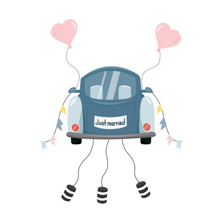 Newlyweds car with balloons, flags and cans.のイラスト素材