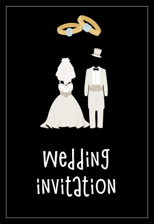 Wedding invitation with white bride's dress and white groom's suit, wedding rings on black backgroundのイラスト素材