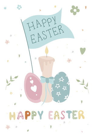 Happy Easter postcards. Vector Easter illustrations. Easter eggs, candle, little flag. Perfect for a poster, cover, or postcardのイラスト素材